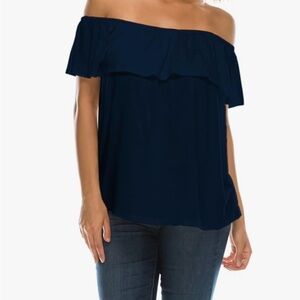 Jubilee Couture On or Off Shoulder Ruffle Flowy Blouse, Navy, Large